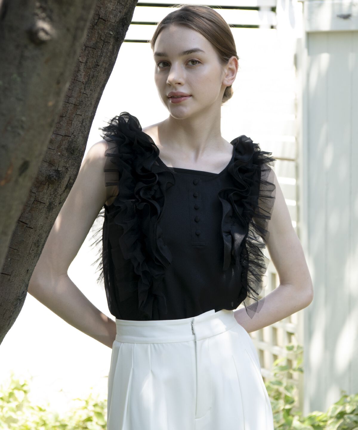 アンドクチュール「オーガンジー&チュールブラウス」|シャツ・ブラウス|ブラック