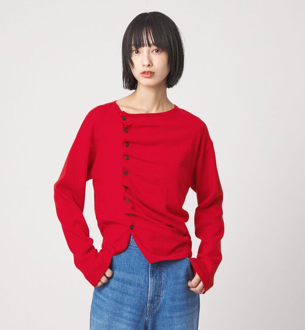 EMMEL REFINES「＜EMMEL REFINES＞EM アシメタック ボタン カーディガン」|カーディガン|RED