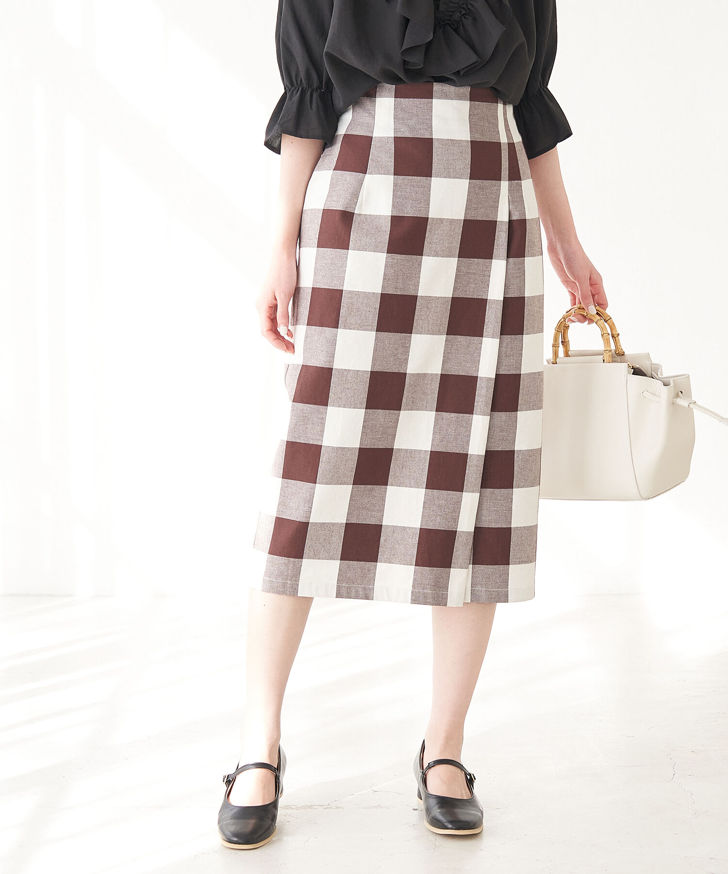 Rope&rsquo;Picnic「【Bonne Maman &times; ROPE' PICNIC】ギンガムチェックIラインスカート」|スカート|ブラウン系(23)