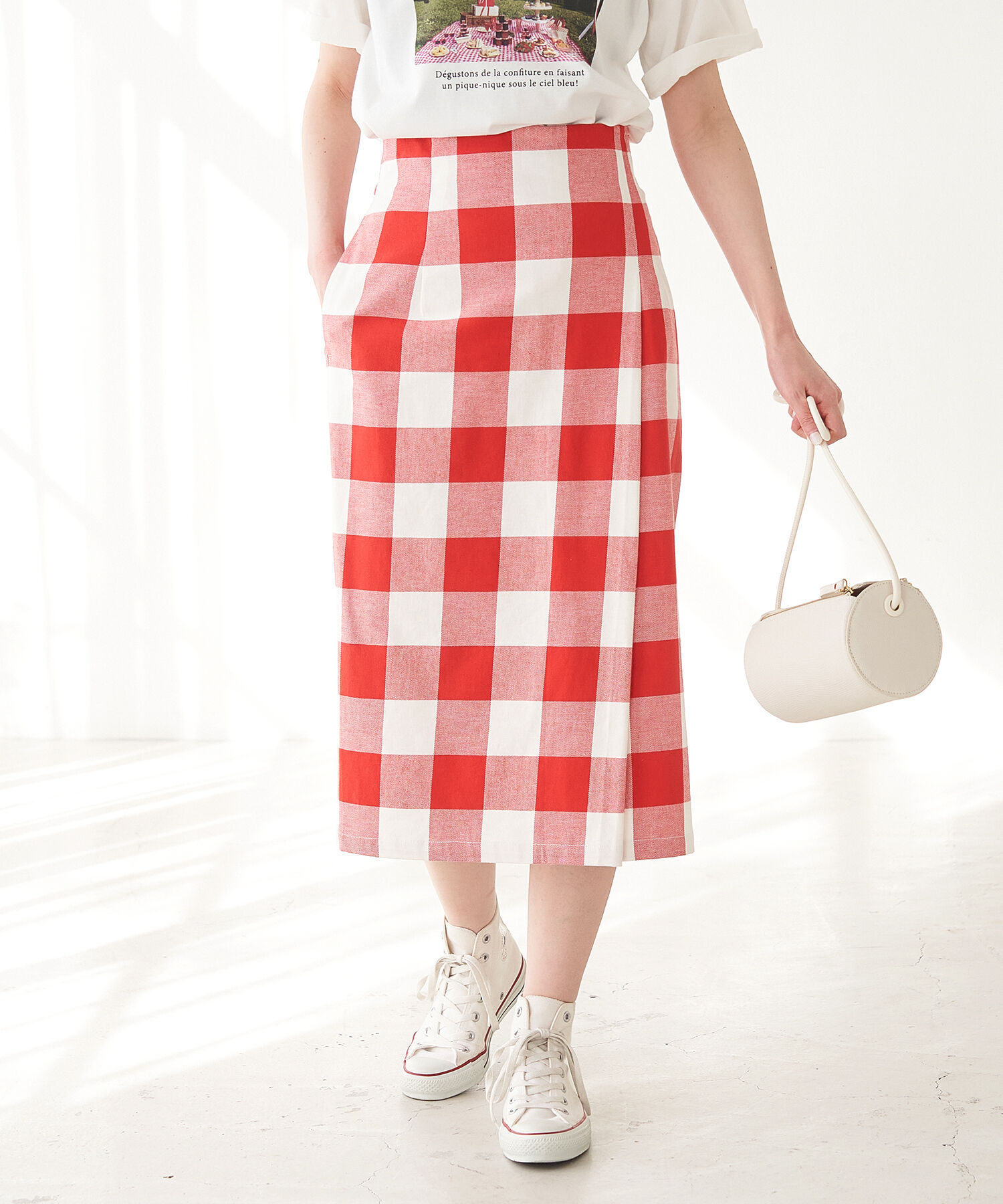 Rope&rsquo;Picnic「【Bonne Maman &times; ROPE' PICNIC】ギンガムチェックIラインスカート」|スカート|レッド(60)