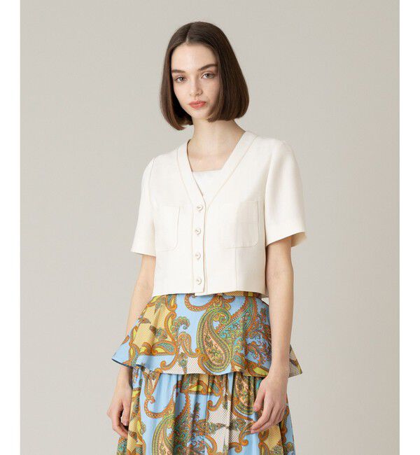 LOULOU WILLOUGHBY「《ドラマ着用》【LOULOU WILLOUGHBY】トリッカーオックス半袖ジャケット」|ノーカラージャケット|アイボリー