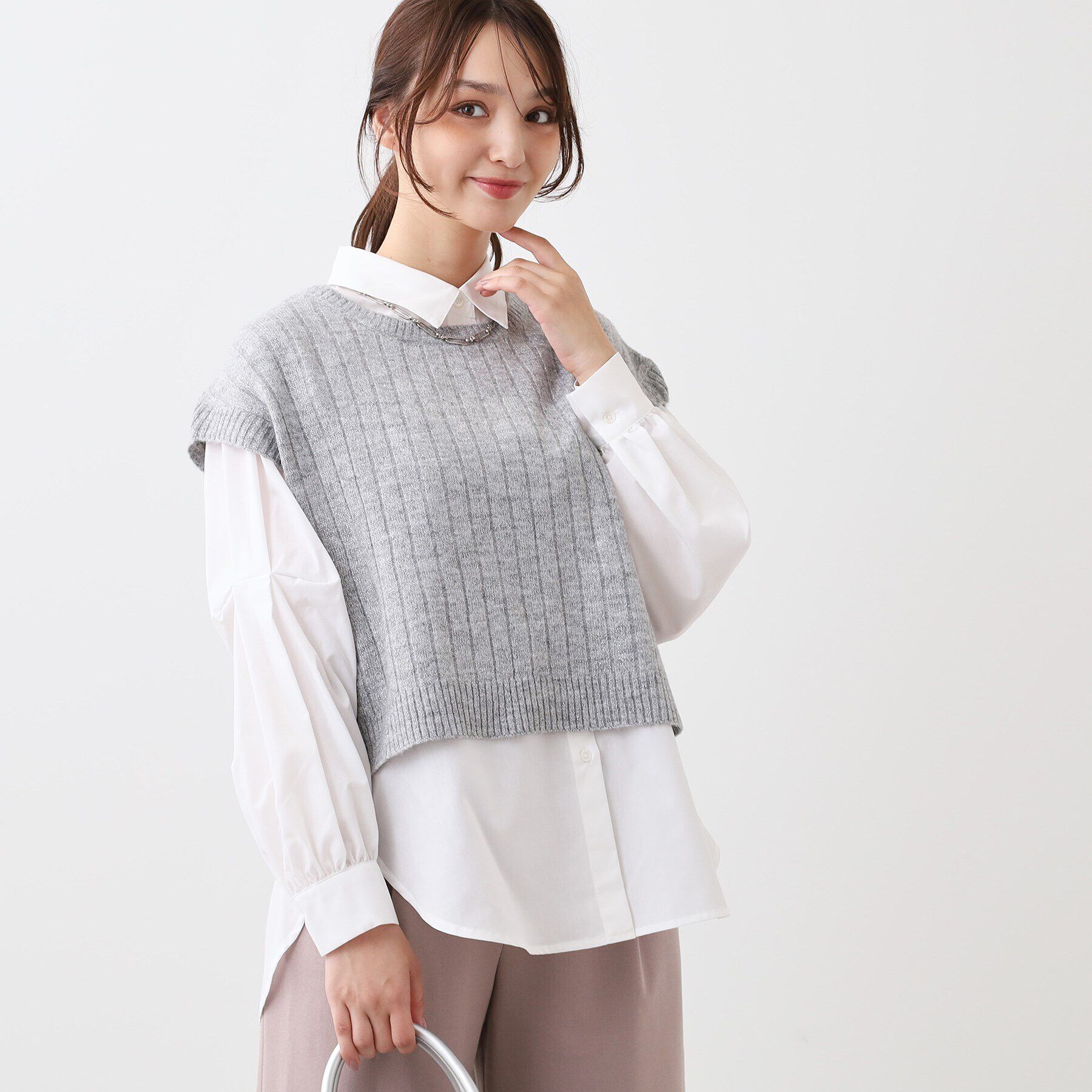 Reflect「【E‐QUALITY／手洗い可／セットアイテム／単品使いも可能】ニットベスト＋シャツ」|その他|ライトグレー(011