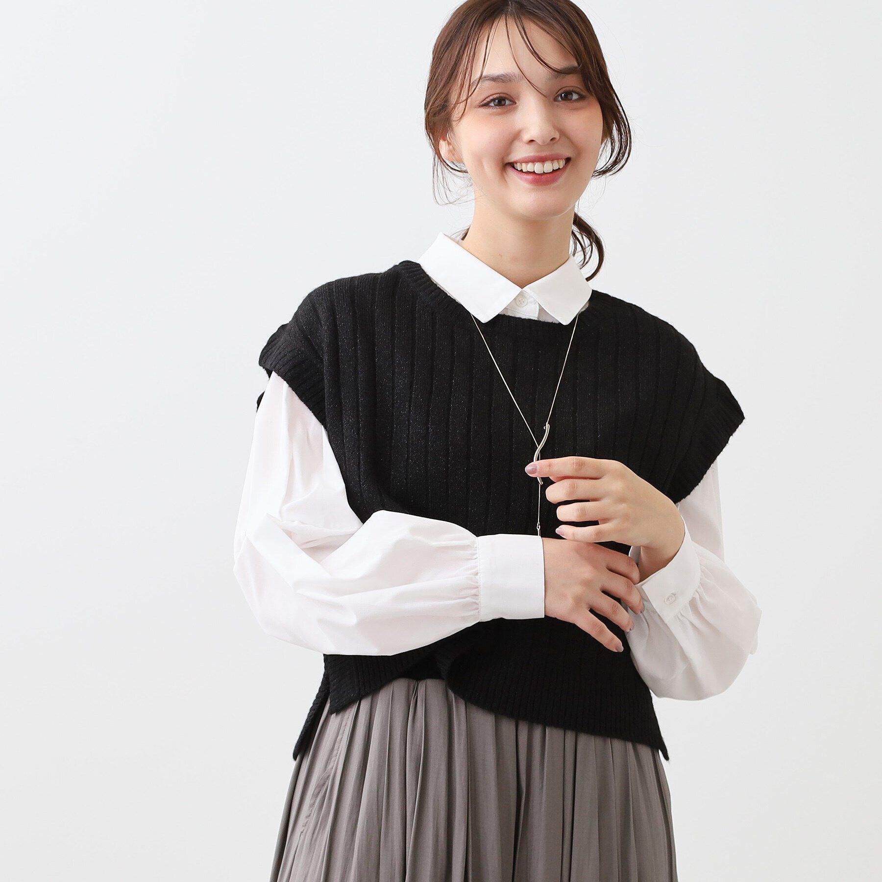 Reflect「【E‐QUALITY／手洗い可／セットアイテム／単品使いも可能】ニットベスト＋シャツ」|その他|ブラック(019)