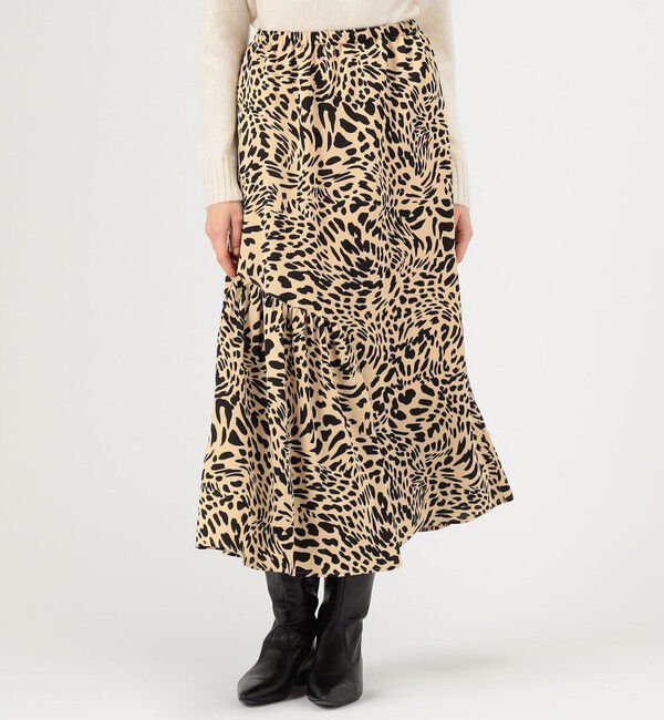 MACPHEE「レオパードプリント アシンメトリーギャザースカート」|フレア|