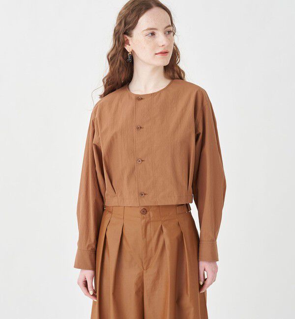 MACPHEE「コットンナイロンワッシャー クルーネックジャケット」|ノーカラージャケット|