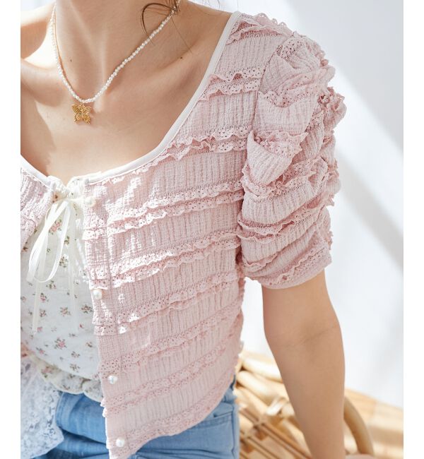  「前後2wayカットレースフリルカーデ」|カーディガン|