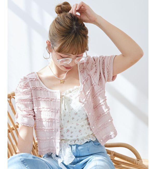  「前後2wayカットレースフリルカーデ」|カーディガン|ピンク