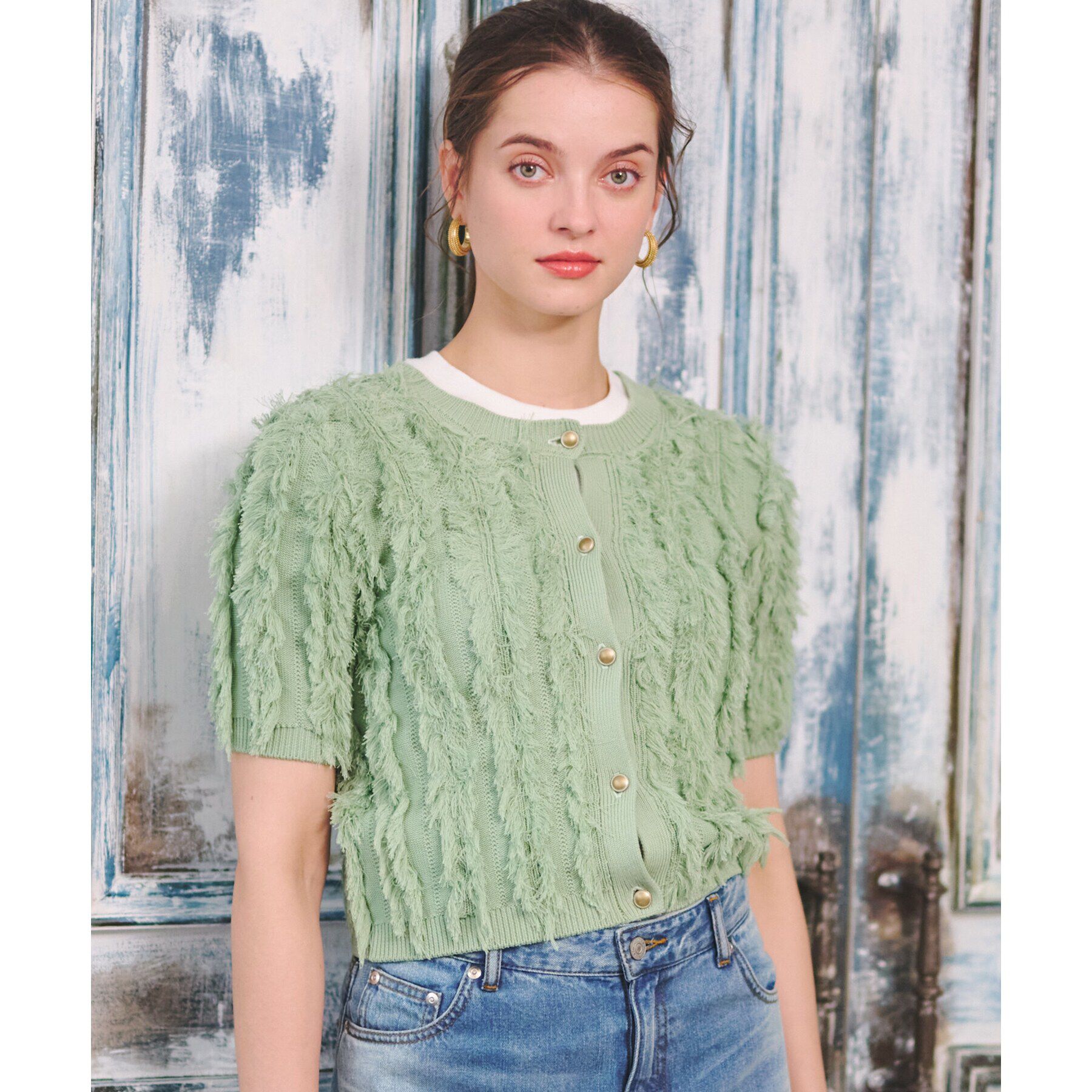 DRESSTERIOR「【前後2WAY/洗える】半袖フリンジニット」|ニット・セーター|ミントグリーン(02