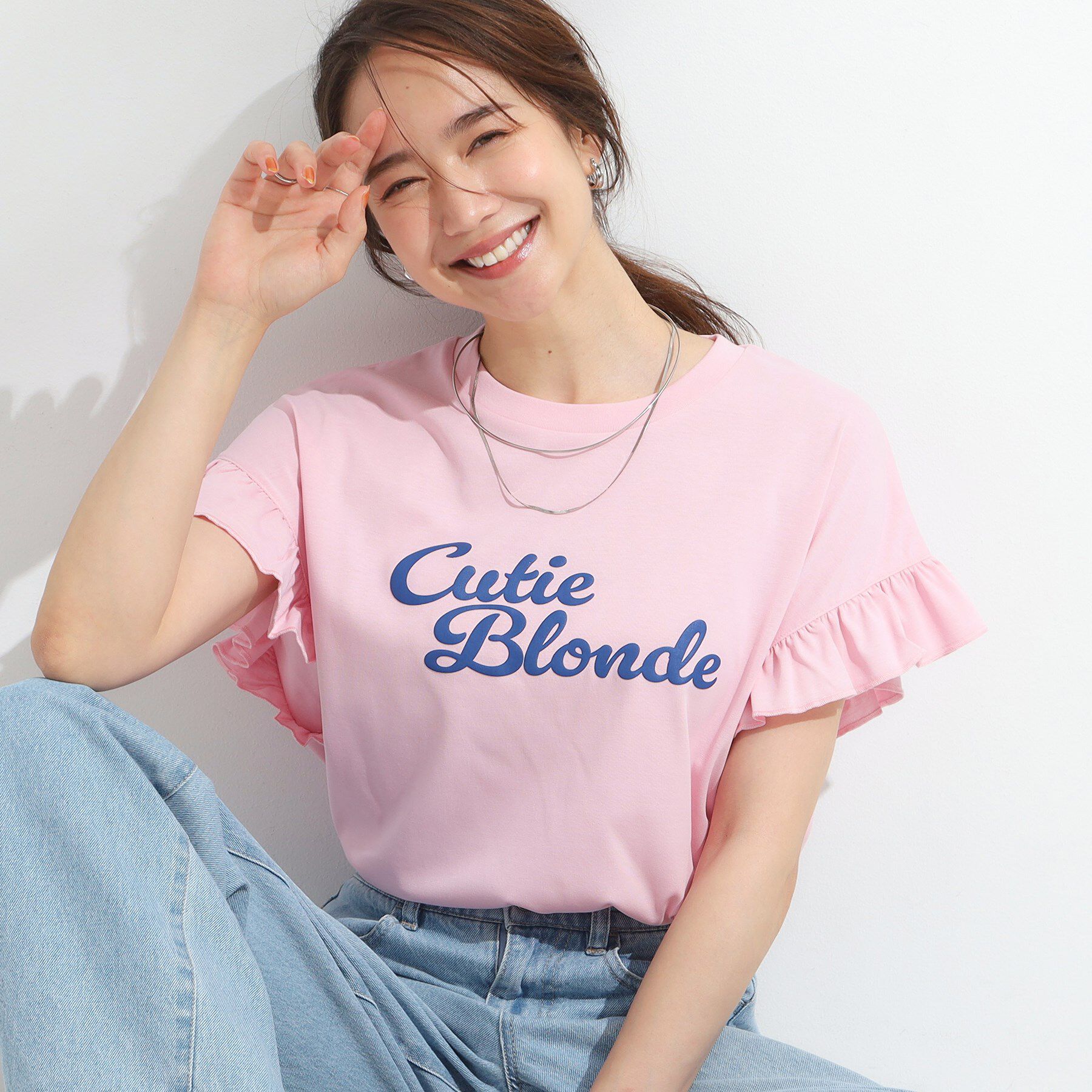 SHOO･LA･RUE「【S-LL/汗ジミ軽減/ひんやり/UVカット】フリルTシャツ」|Tシャツ・カットソー|ライトピンク(070