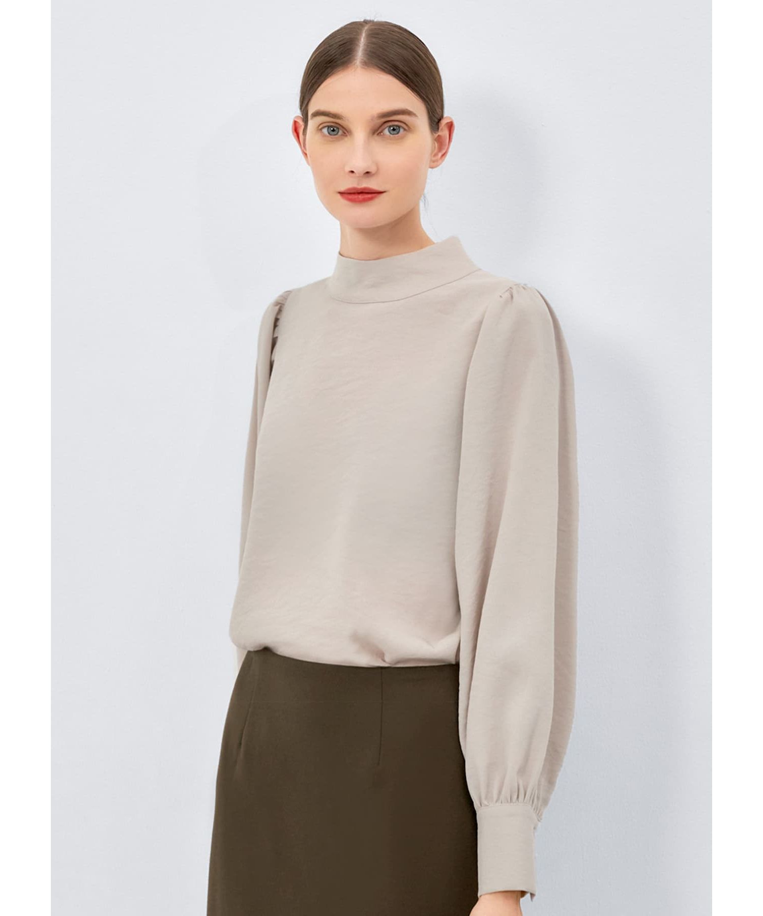 STYLE DELI「スタンドネック袖ギャザーブラウス」|シャツ・ブラウス|グレージュ