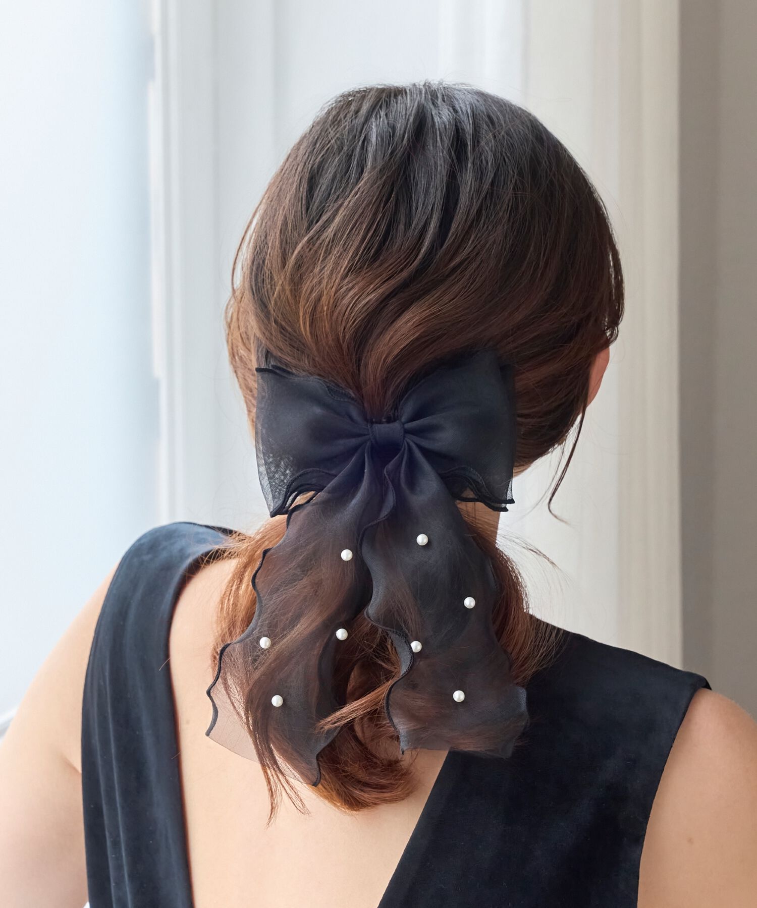 Phoebe「フレアリボンドットパールヘアゴム　ブラック」|ヘアゴム・シュシュ|ブラック