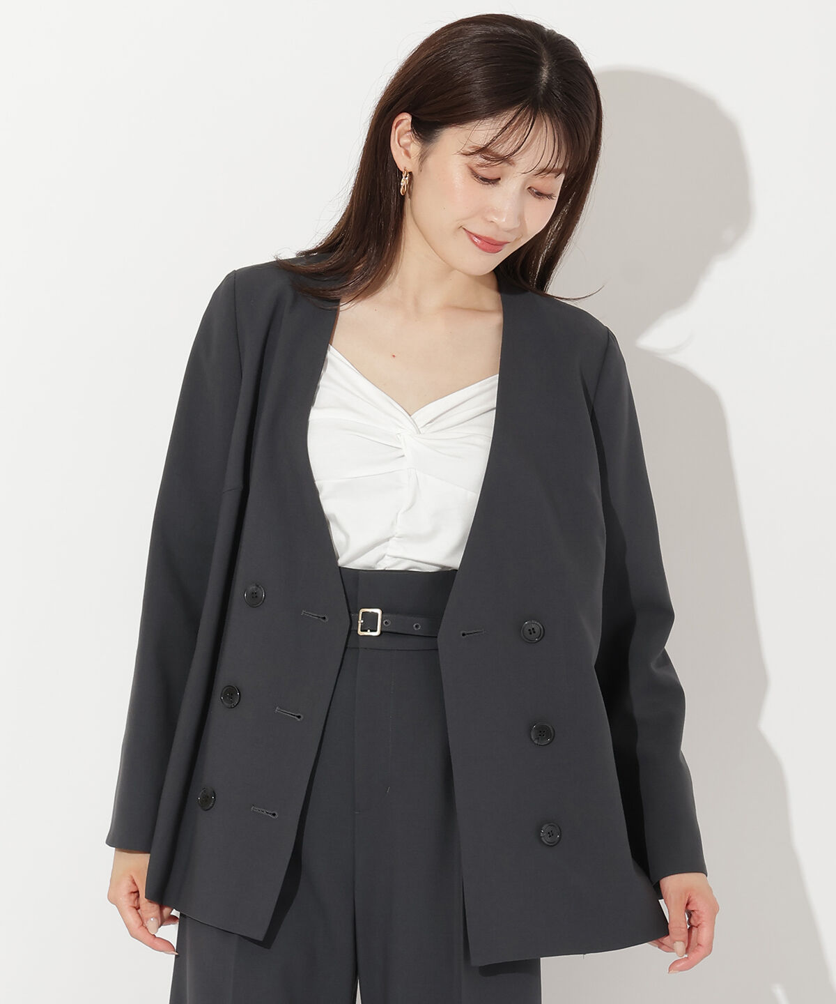 アンドクチュール「ノーカラーダブルジャケット」|ノーカラージャケット|ﾁｬｺｰﾙｸﾞﾚｰ