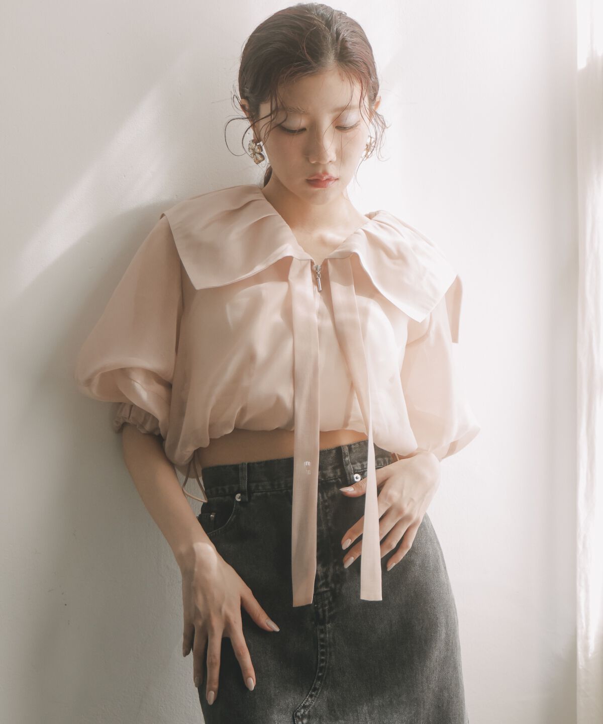 アンドクチュール「オーガンジーBIGカラーパーカー」|パーカー|ベージュ