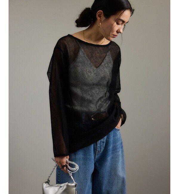 SALON adam et rope'「リネンブレンドメッシュロングスリーブプルオーバー」|ニット・セーター|ブラック(01)