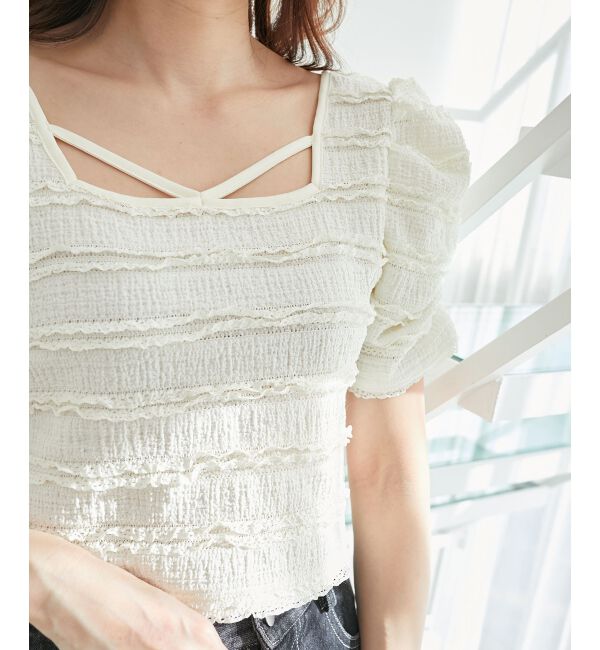  「前後2wayカットレースフリルカーデ」|カーディガン|アイボリー