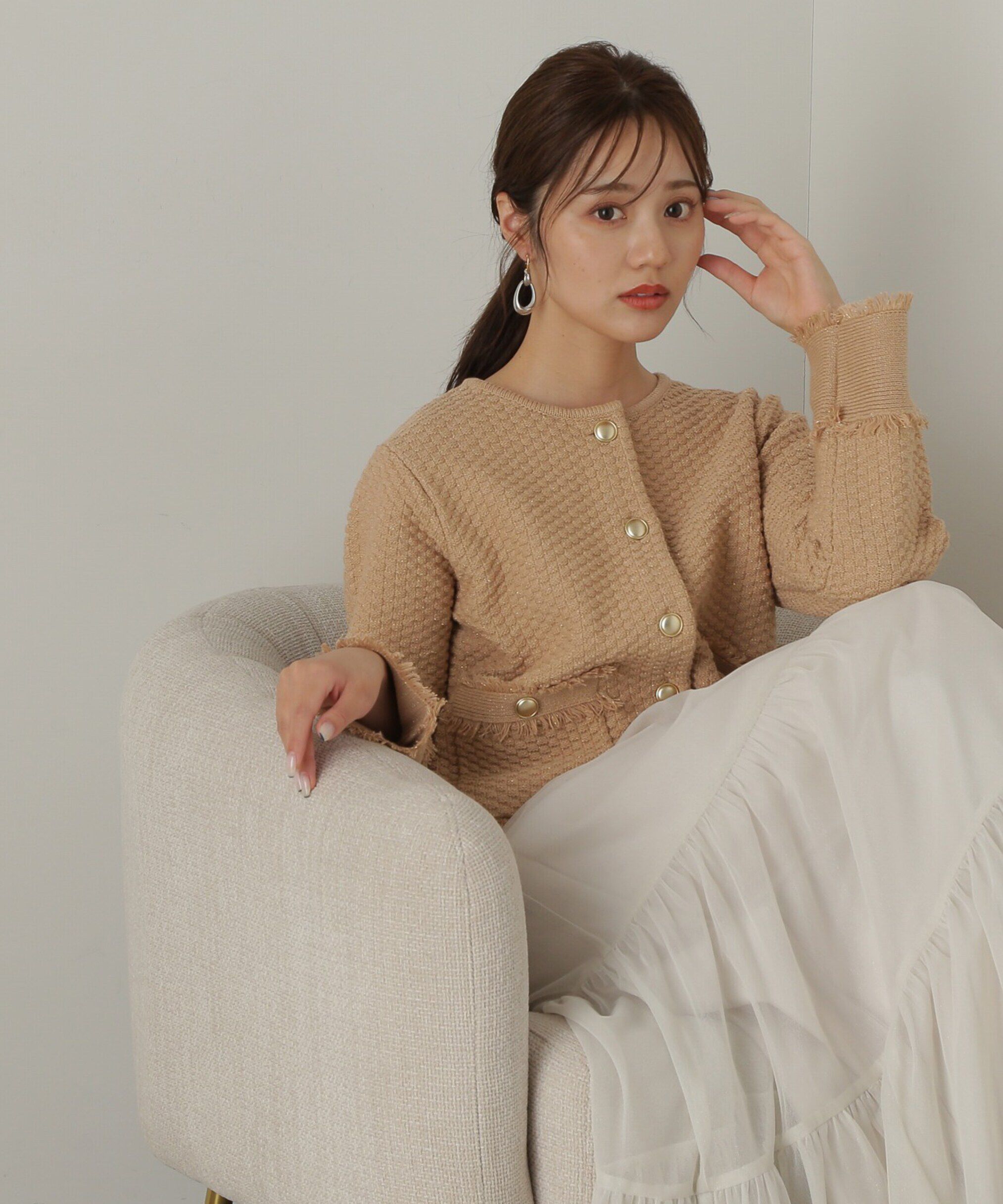 PROPORTION BODY DRESSING「ラメツイードニットカーディガン　WEB限定カラー：キャメル　24AW」|カーディガン|キャメル1