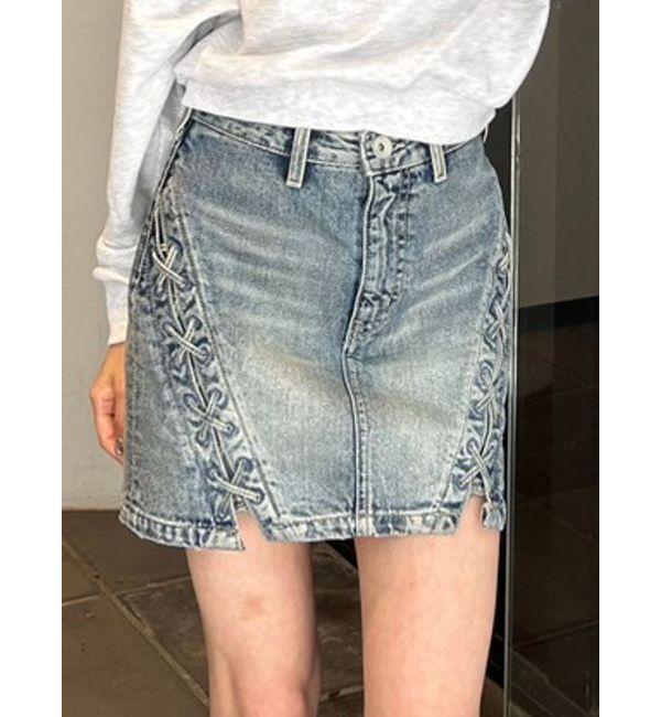 GYDA「ハイウエスSIDEサイドレースアップデニムスカートライクショートパンツ」|スカート|ブルー