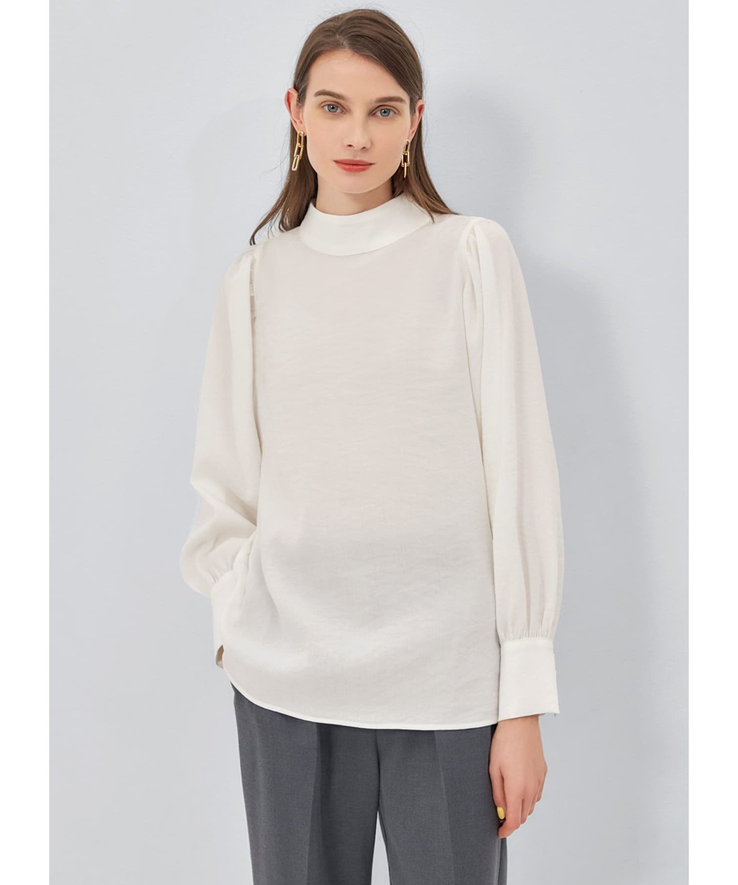 STYLE DELI「スタンドネック袖ギャザーブラウス」|シャツ・ブラウス|アイボリー