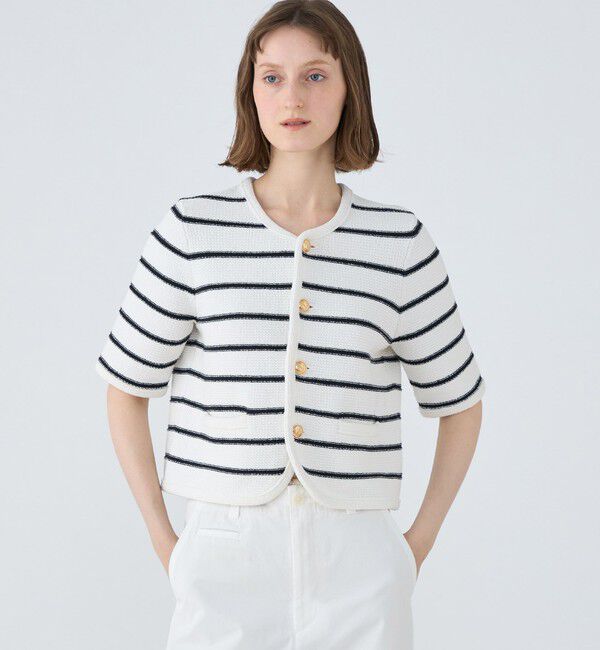 MACPHEE「モスライクステッチ ハーフスリーブジャケット」|ノーカラージャケット|