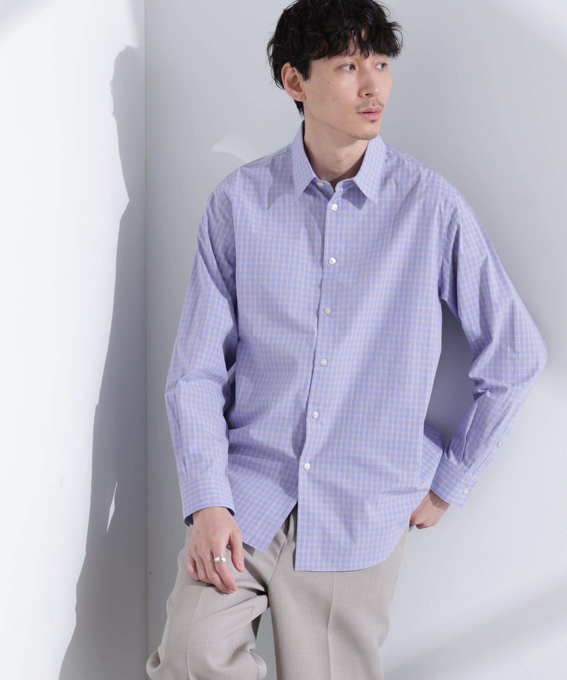  「タイプライターチェックステンカラーシャツ　長袖」|シャツ・ブラウス|L.ブルー1
