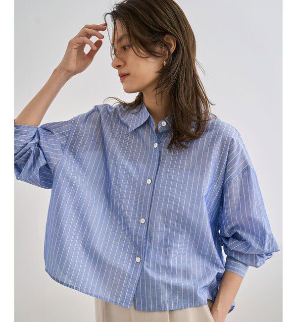 ROPE「【洗える】コットンシアークロップドシャツブラウス」|シャツ・ブラウス|ブルー系(45)