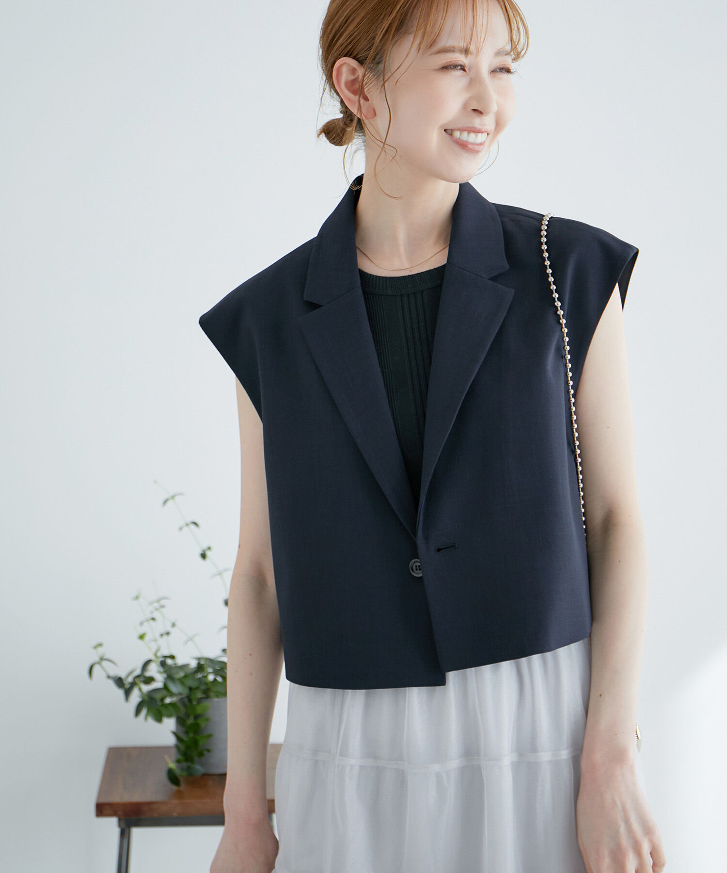 Rope&rsquo;Picnic「ショート丈ジレ/UVカット・リンクコーデ」|ベスト・ジレ|ネイビー(40)