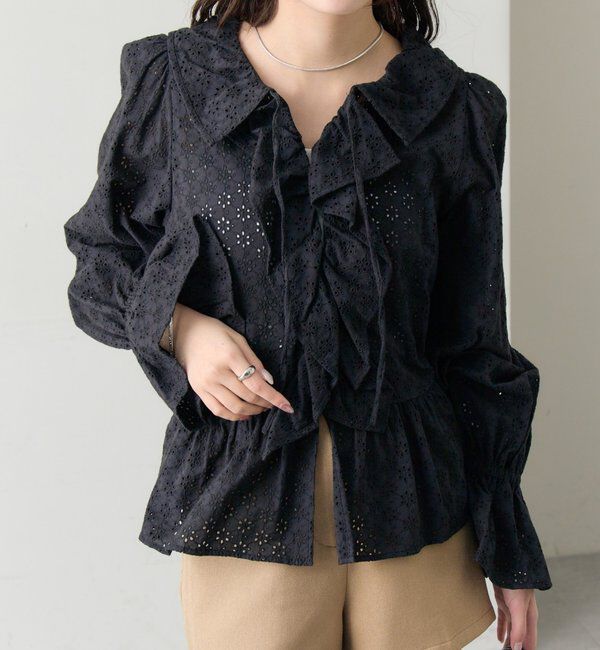  「フラワー刺繍フリルブラウス」|シャツ・ブラウス|ブラック