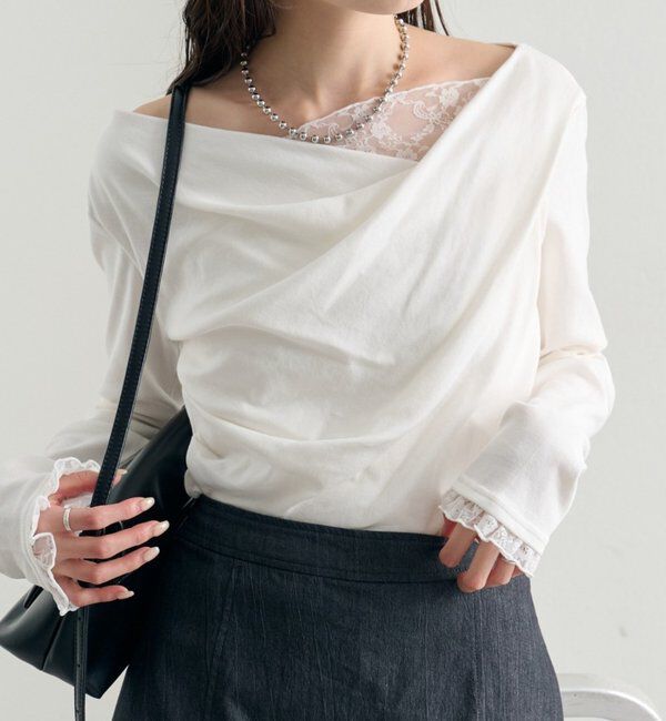  「レースドッキングオフショルプルオーバー」|Tシャツ・カットソー|オフホワイト