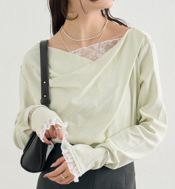  「レースドッキングオフショルプルオーバー」|Tシャツ・カットソー|グリーン