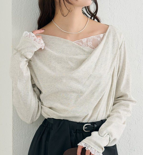  「レースドッキングオフショルプルオーバー」|Tシャツ・カットソー|グレー