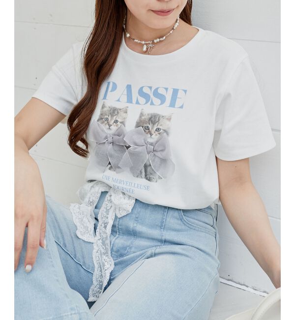  「リボンネコチャンTシャツ」|Tシャツ・カットソー|グレー柄