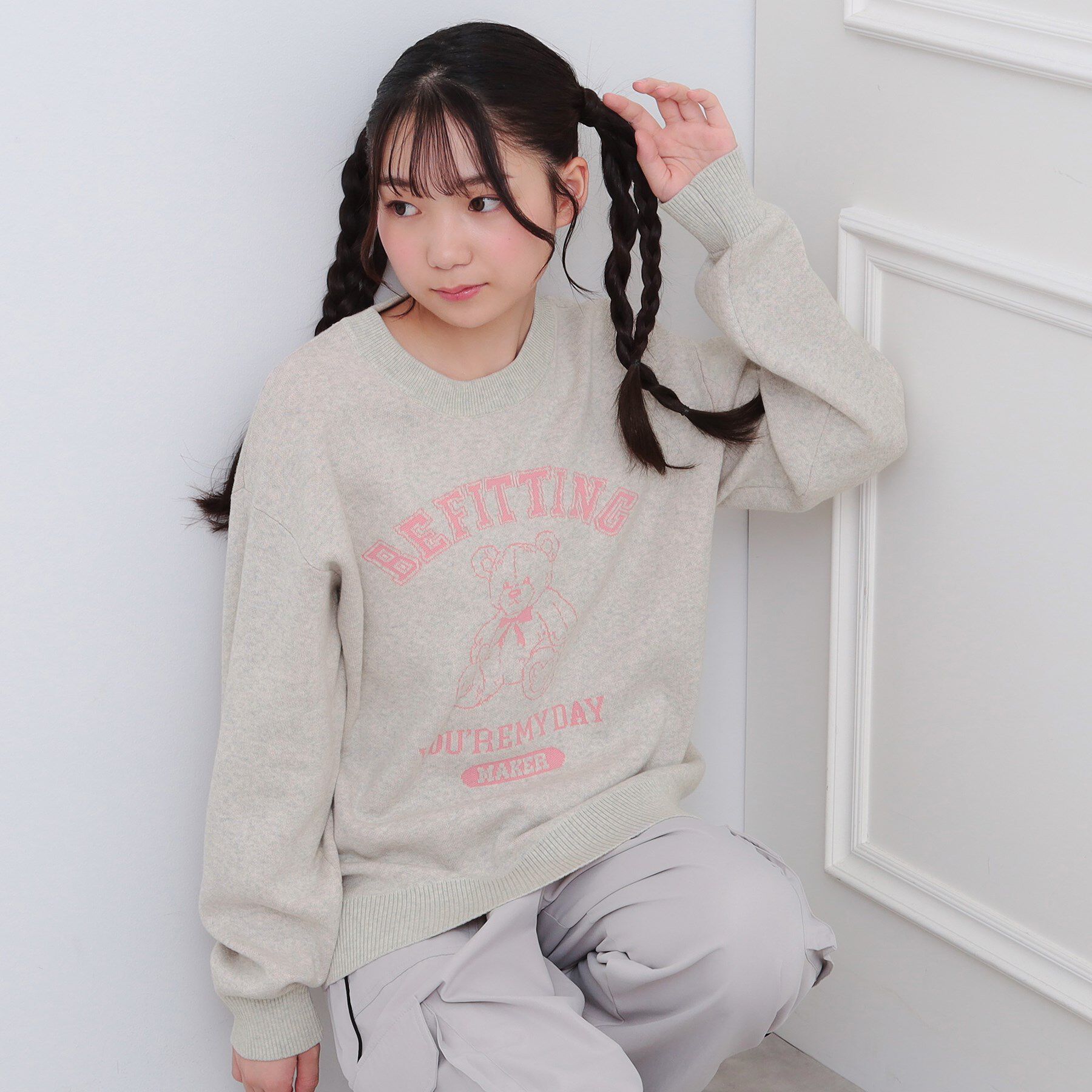 PINK-latte「コットンジャカードくまプルオーバー」|ニット・セーター|ライトグレー(011