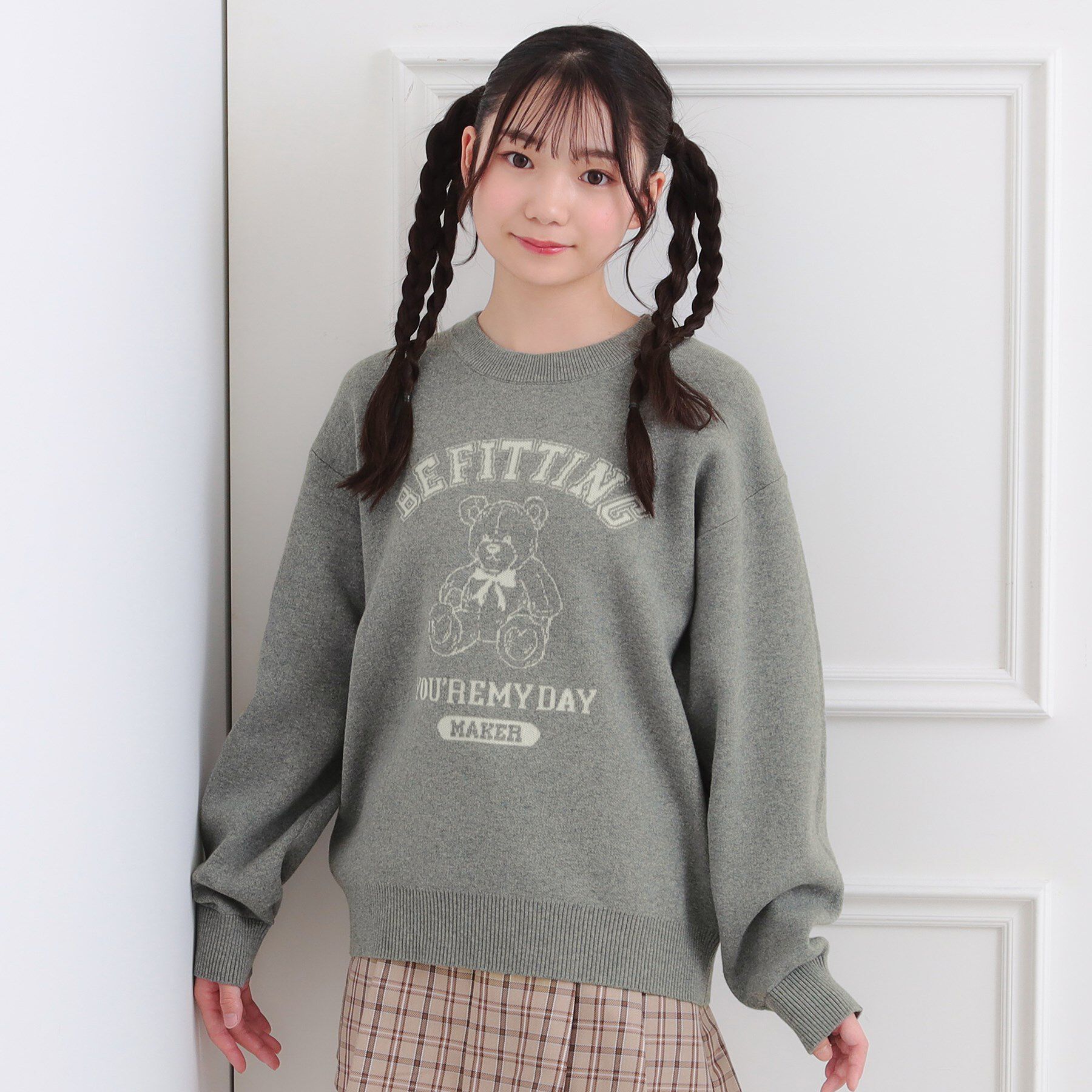 PINK-latte「コットンジャカードくまプルオーバー」|ニット・セーター|グレー(012)