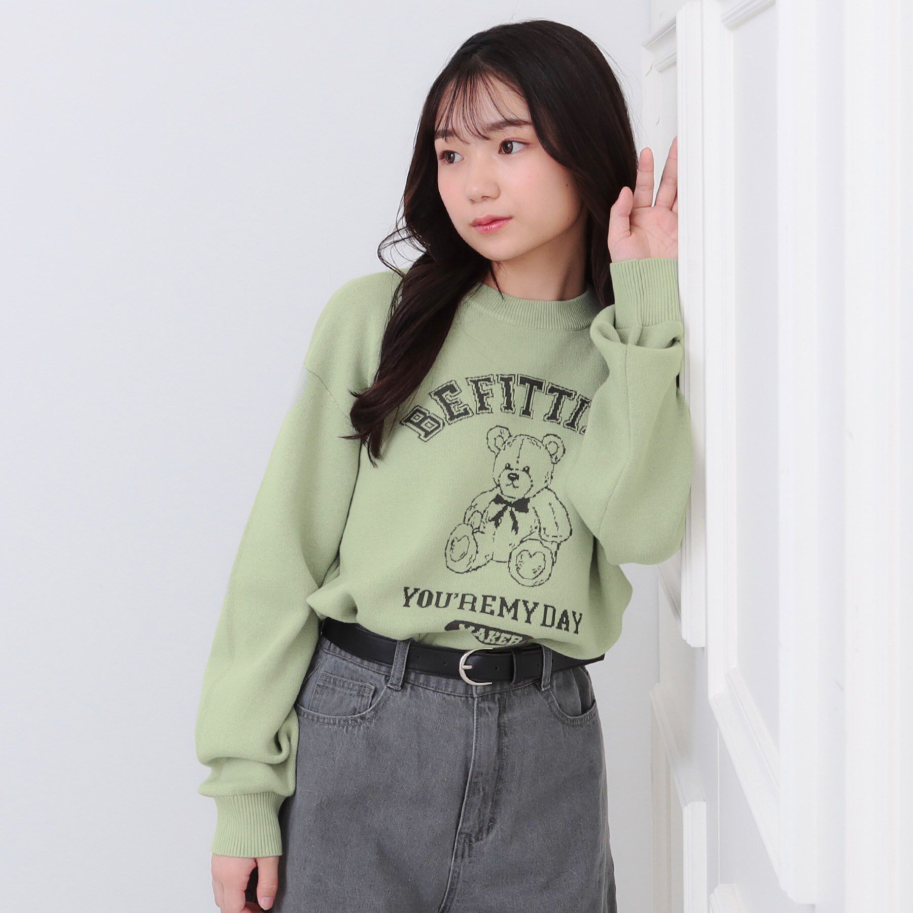 PINK-latte「コットンジャカードくまプルオーバー」|ニット・セーター|ミントグリーン(02
