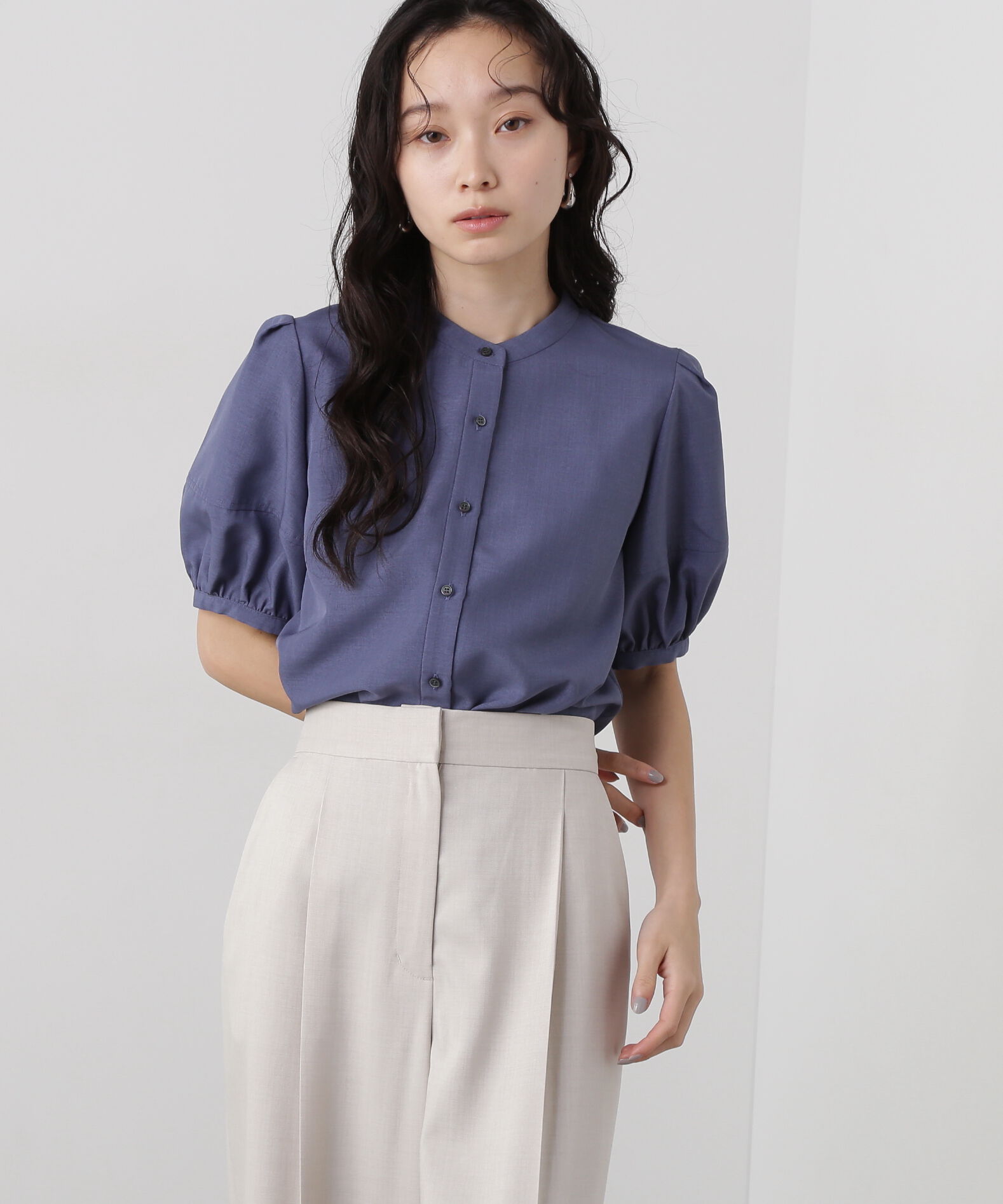  「リネンライク切替スリーブブラウス」|シャツ・ブラウス|ネイビーブル 1