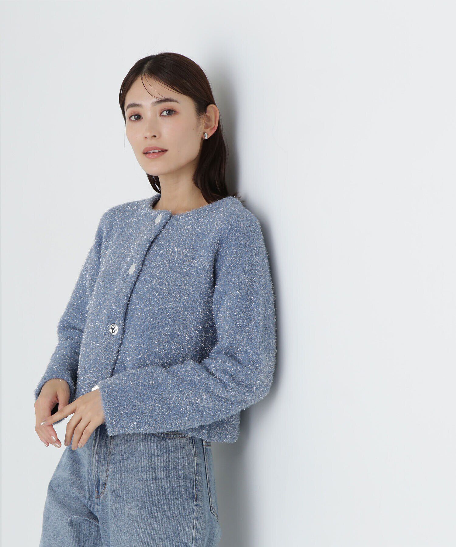  「ラメ接結クロップドニットブルゾン　24AW」|ニット・セーター|ブルー