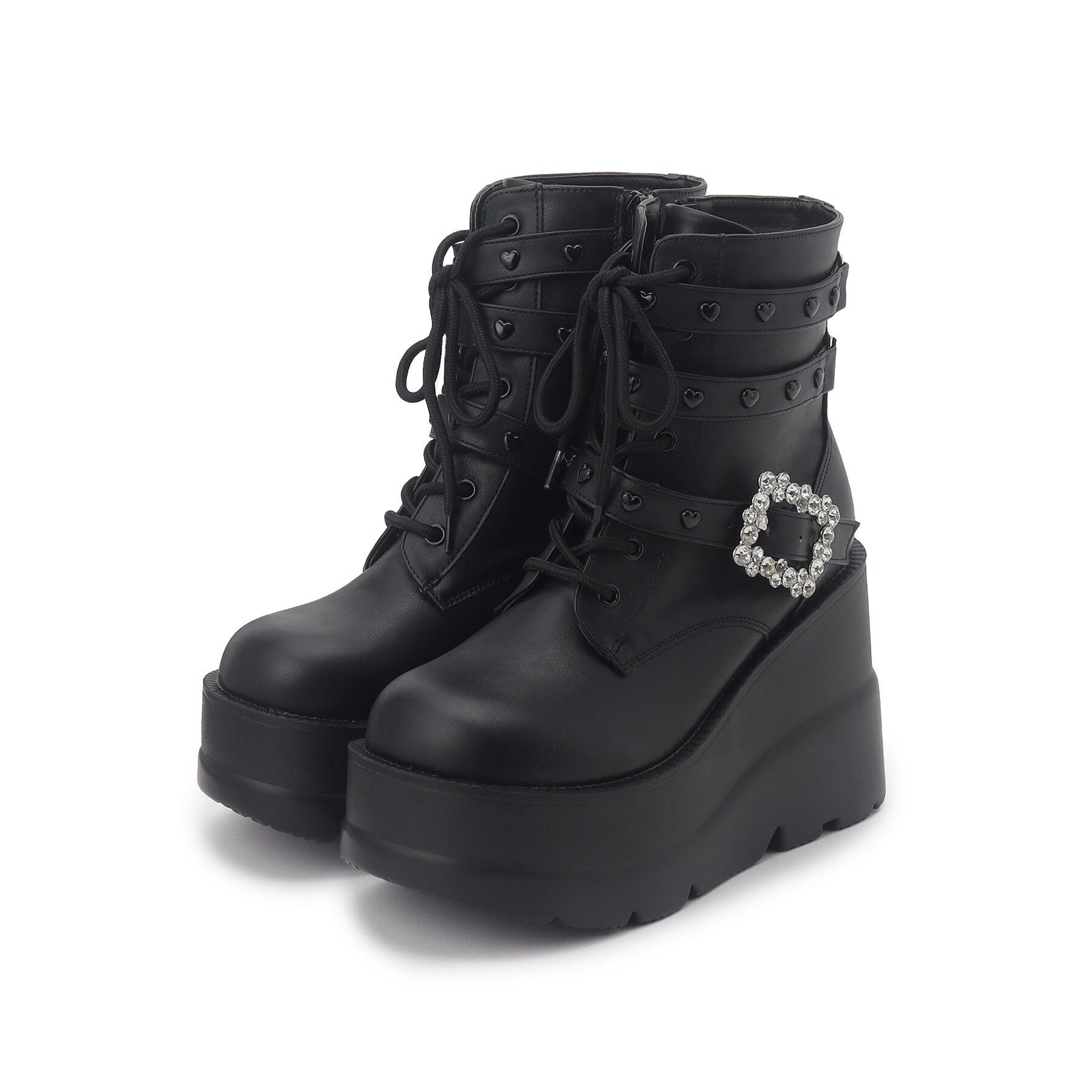 csT&P「厚底ハート付きキラキラベルトブーツ」|ショートブーツ|ﾌﾞﾗｯｸ(019)