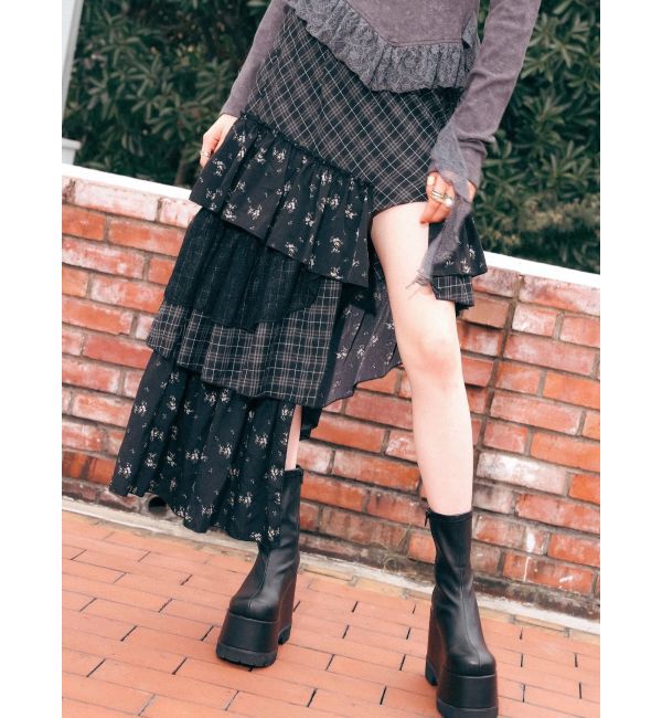 EVRIS「ミックスドッキングアシンメトリースカート」|スカート|