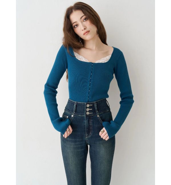EVRIS「フロントホックレースドッキングニットトップス」|ニット・セーター|