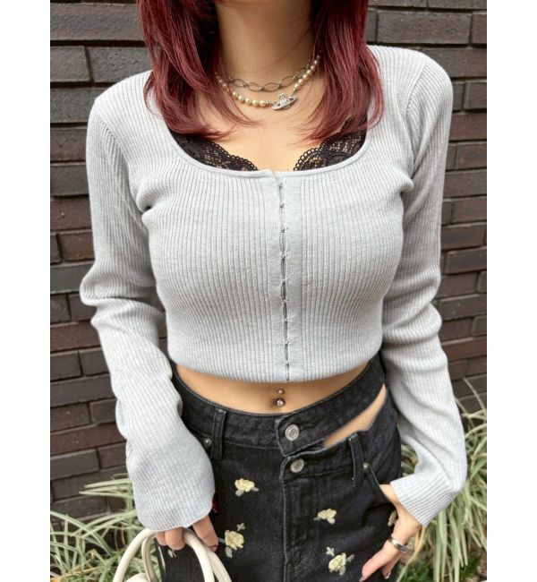 EVRIS「フロントホックレースドッキングニットトップス」|ニット・セーター|