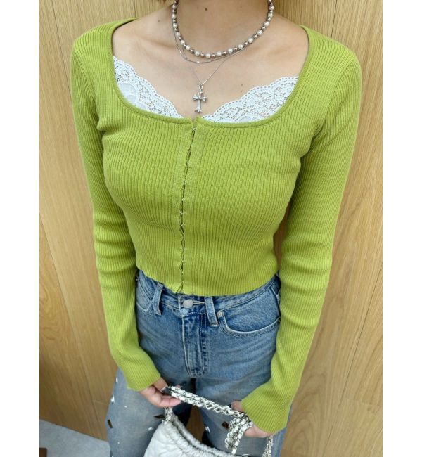 EVRIS「フロントホックレースドッキングニットトップス」|ニット・セーター|