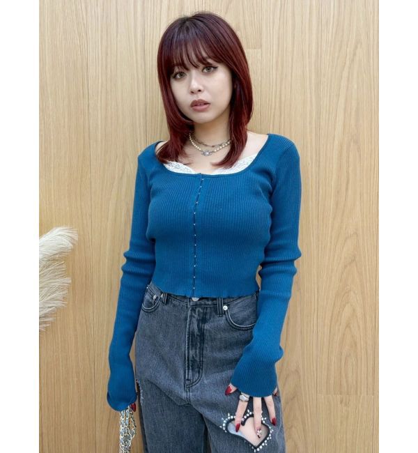 EVRIS「フロントホックレースドッキングニットトップス」|ニット・セーター|