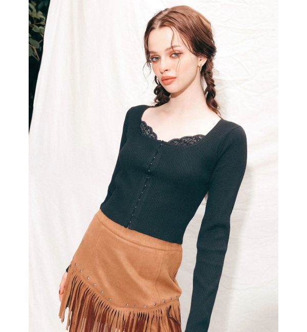 EVRIS「フロントホックレースドッキングニットトップス」|ニット・セーター|