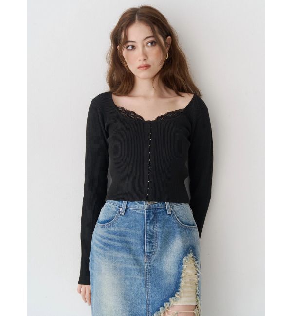 EVRIS「フロントホックレースドッキングニットトップス」|ニット・セーター|ブラック