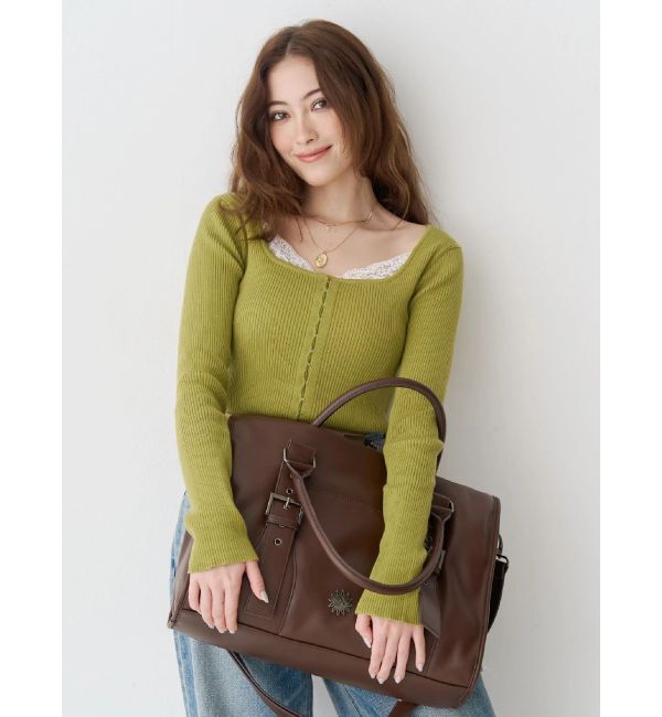 EVRIS「フロントホックレースドッキングニットトップス」|ニット・セーター|イエロー