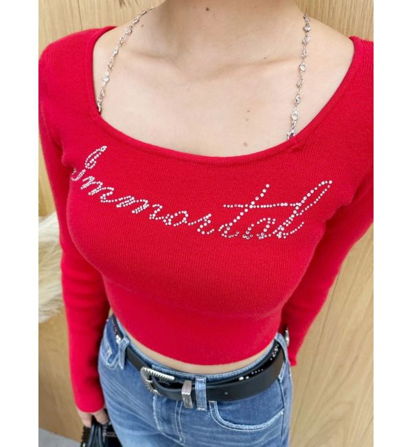 EVRIS「ラインストーンロゴニットトップス」|ニット・セーター|