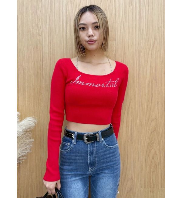 EVRIS「ラインストーンロゴニットトップス」|ニット・セーター|