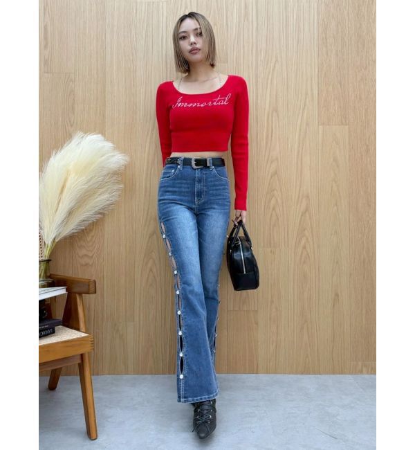 EVRIS「ラインストーンロゴニットトップス」|ニット・セーター|