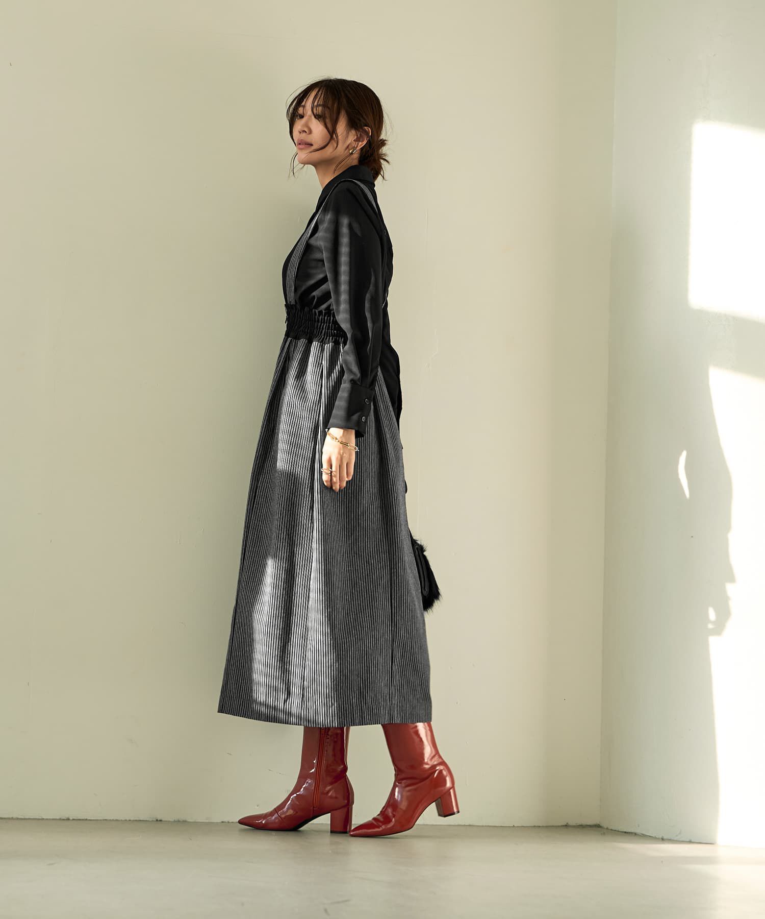 STYLE DELI「ストライプ生地サスペンダー付きコクーンスカート」|台形|