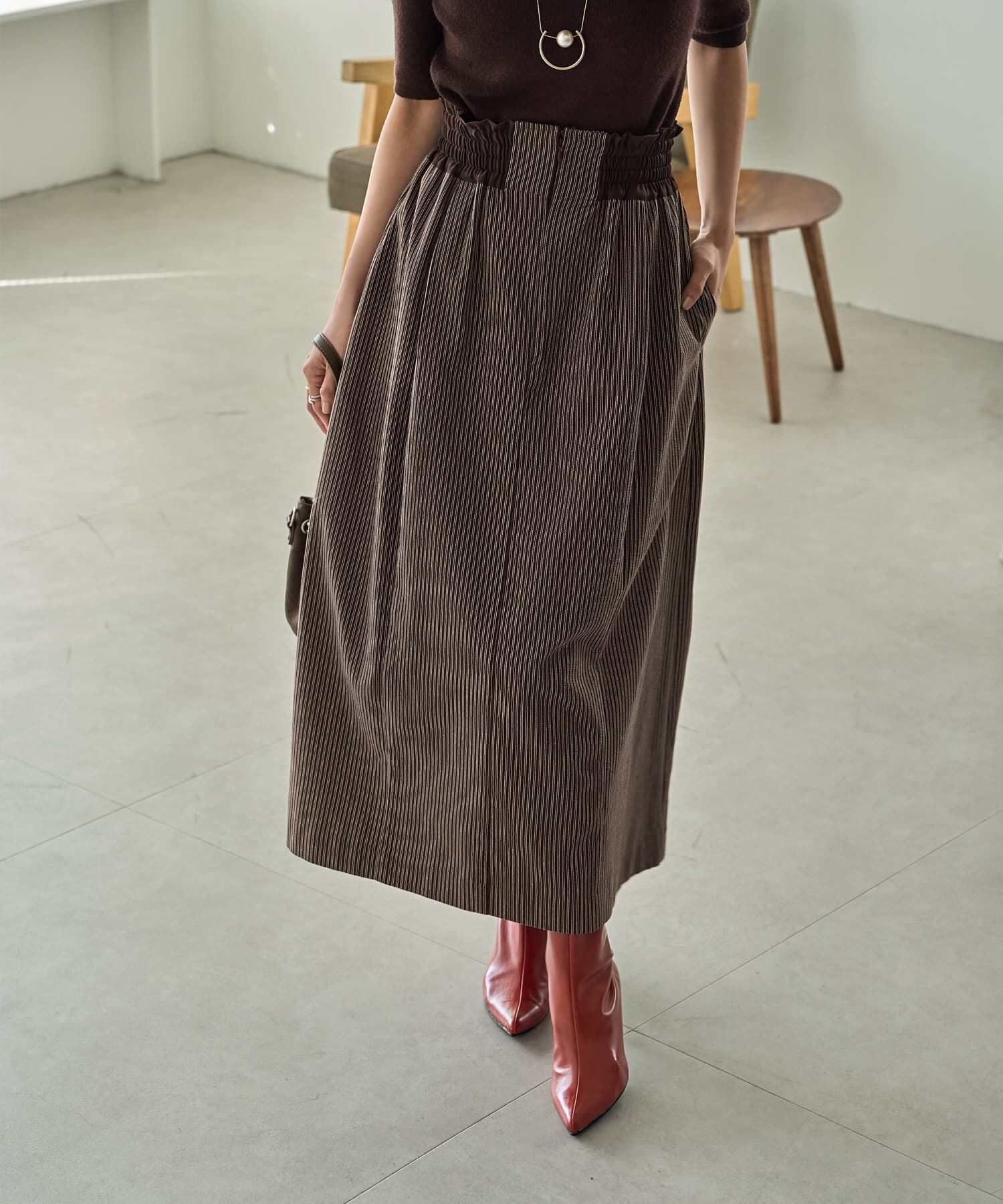 STYLE DELI「ストライプ生地サスペンダー付きコクーンスカート」|台形|